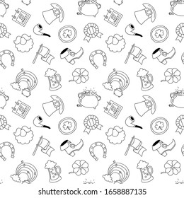 
St. Patrick's Day background. Black-n-white seamless doodle pattern of St. Patrick's Day symbols. Illustration in flat style. Vector 8 EPS.