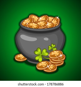 St. Patrick's day background with cauldron of leprechauns gold and lucky clovers 