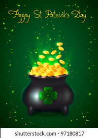 St. Patrick's Day background with cauldron having gold coins and shiny particles on green - vector illustration