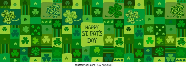 St. Patrick's day background. Celebration green background with  shamrock and place for your text. horizontal banner. Greeting card. Vector illustration.