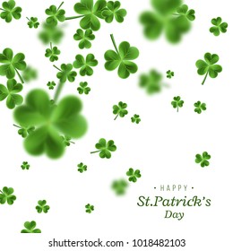 St. Patrick's Day background. Clover leaves with blur effect for greeting holiday design. Vector illustration.