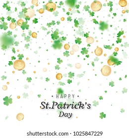 St. Patrick's Day background. Clover leaves and coins with blur effect for greeting holiday design. Vector illustration.