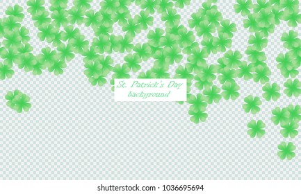 St. Patrick`s day background. Clover leaves. Vector illustration. Green pattern on transparent background.