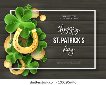 St. Patricks Day background. Clover leaves, golden horseshoes and coins on wooden texture for greeting holiday design. Vector illustration.