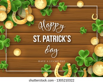 St. Patricks Day background. Clover leaves, golden horseshoes and coins on wooden texture for greeting holiday design. Vector illustration.