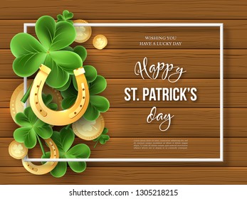 St. Patricks Day background. Clover leaves, golden horseshoes and coins on wooden texture for greeting holiday design. Vector illustration.