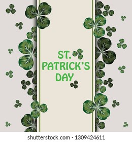 St. Patricks day Background. Clover leaves in vintage, retro style. Elegant greeting card design for sale with shamrocks. Typographic Backdrop.  Lucky trefoil confetti. Irish symbols of the holiday.