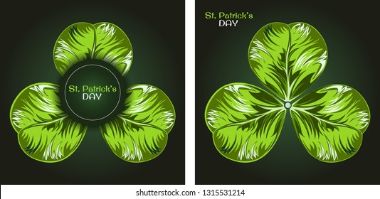 St. Patricks day Background. Clover leaves. Elegant greeting card design for sale, invitation, celebration with shamrocks. Green floral Backdrop.  Lucky trefoil confetti. Irish symbols of the holiday.