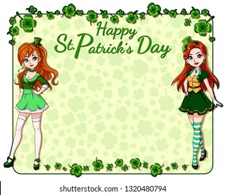 St. Patrick's day background with clover leaves and two pretty girls wearing leprechaun costume. Hand drawn vector illustration. 