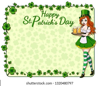St. Patrick's day background with clover leaves and pretty girl holding beer mug. Hand drawn vector illustration. 