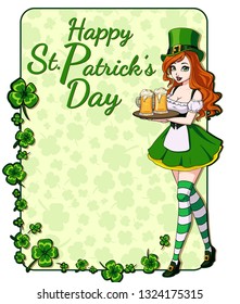 St. Patrick's day background with clover leaves and pretty girl holding beer mug. Hand drawn vector illustration. 