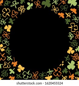 St. Patrick's Day background. Clover leaves frame drawn in doodle style in green, orange, yellow colors. Design for celebration poster, banner, print. Irish and lucky theme. Vector illustration EPS10