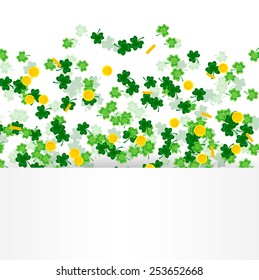 St. Patrick's Day Background with clover and gold coins with copy space for text, vector illustration 