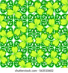 St. Patrick's day background. Clover leaves on white background. Green color seamless pattern. Vector illustration.