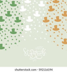 St. Patrick's Day Background. Clover leafs and hats on flag colors background for happy St. Patrick's Day. 