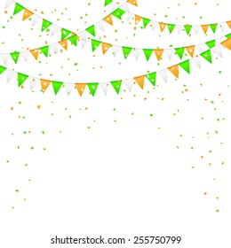 St. Patrick's day background with colorful pennants and confetti, illustration.