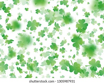 St. Patricks day background. Floating shamrocks with bokeh effect on white. Vector illustration.