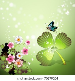 St. Patrick's Day background with flowers and butterflies. Vector illustration