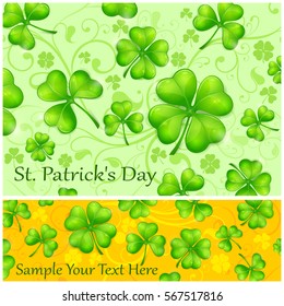 St Patrick`s Day Background. Four Leaves Lucky Clove On Green. Patricks Vector Illustration