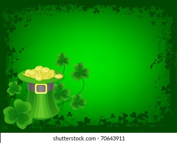 St. Patrick's day background with frame of clovers and hat full of gold