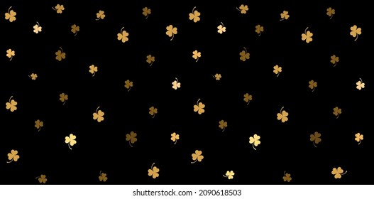 St. Patrick's day background in gold and black colors. Seamless pattern. Design with shamrock for pillow, print, fashion, clothing, fabric, gift wrap, wallpaper. horizontal banner. Vector illustration