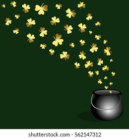 St. Patrick's Day background.  Gold clovers flying from pot. Beautiful template for your design. Space for your text.