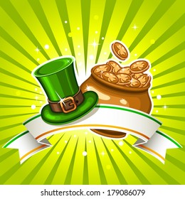 St. Patrick's day background with golden pot, green hat and ribbon