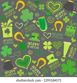 St. Patrick's day background in green colors. Seamless pattern. Perfect for wallpapers, gift papers, patterns fills, textile, St. Patrick's Day greeting cards.  Vector illustration.