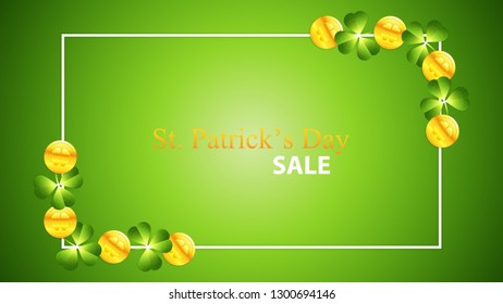 St. Patrick's Day background with green shamrock and golden coins.Greeting card vector illustration