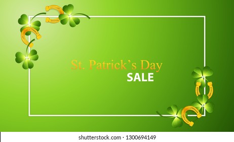 St. Patrick's Day background with green shamrock and golden horseshoes.Greeting card vector illustration