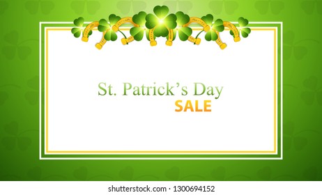 St. Patrick's Day background with green shamrock and golden horseshoes.Greeting card vector illustration