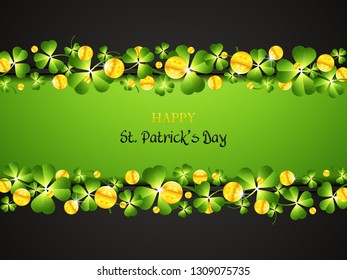 St. Patrick's Day background with green clover and golden coins.Greeting card vector illustration