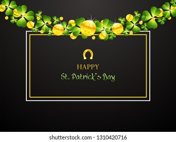St. Patrick's Day background with green clover and golden coins.Greeting card vector illustration