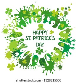 St. Patrick's day background in green colors. Irish holiday Saint Patricks Day.  Vector with for greeting card, poster, celebration banner. Illustration of clover, leprechaun hat with green splashes. 