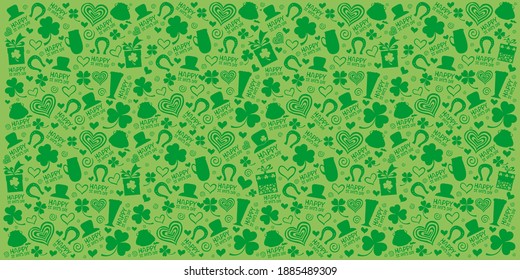 St. Patrick's day background in green colors. Seamless Pattern background with three - leaved shamrocks. St. Patrick's day holiday symbol. Irish symbols of the holiday.17 march. Vector illustration.