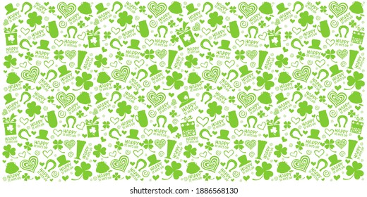 St. Patrick's day background in green colors. Seamless Pattern background with three - leaved shamrocks. St. Patrick's day holiday symbol. Irish symbols of the holiday.17 march. Vector illustration.