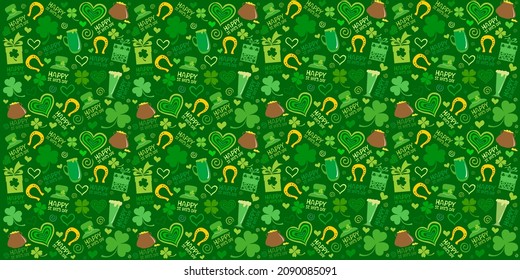 St. Patrick's day background in green colors. Seamless Pattern background with three - leaved shamrocks. St. Patrick's day holiday symbol. Irish symbols of the holiday.17 march. Vector illustration.