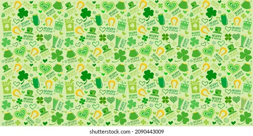 St. Patrick's day background in green colors. Seamless Pattern background with three - leaved shamrocks. St. Patrick's day holiday symbol. Irish symbols of the holiday.17 march. Vector illustration.