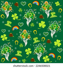 St. Patrick's day background in green colors. Seamless Pattern background with three - leaved shamrocks. St. Patrick's day holiday symbol. Irish symbols of the holiday.17 march. Vector illustration.