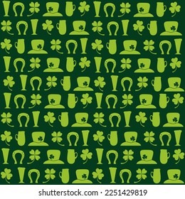 St. Patrick's day background in green colors. Seamless Pattern background with three - leaved shamrocks. St. Patrick's day holiday symbol. Irish symbols of the holiday. 17 march. Vector illustration.