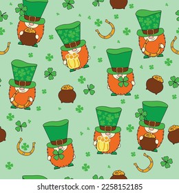 St. Patrick's day background in green colors. Seamless background with leprechauns, clover. Symbols of the holiday of St. Patrick's Day. Irish symbols of the holiday. March 17