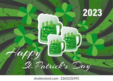 St. Patrick's Day background with a green beer mug and clovers. Vector illustration.