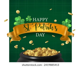 St. Patrick's day background. Green shamrocks, gold coins in couldron.