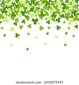 St. Patrick's Day background with green clover leaves falling down with an open space at the bottom for your text. Vector illustration