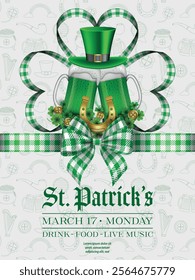 st patricks day background with green beer mugs and ribbon with bow. patrick day celebration flyer