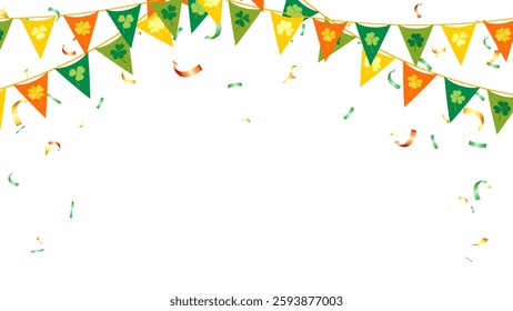 St. Patrick's Day background. green, orange and yellow leaves clover, bunting garland flag and confetti element