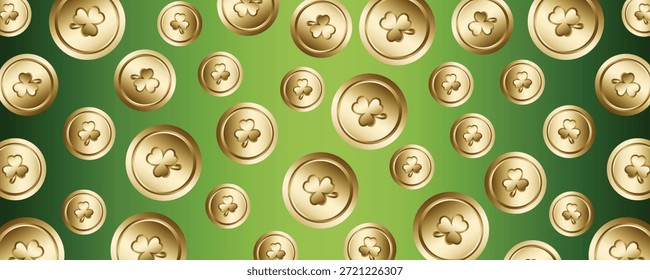 St Patricks Day background with green gradient and gold coins with clover