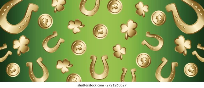 St Patricks Day background with green gradient gold coins clover and horseshoe