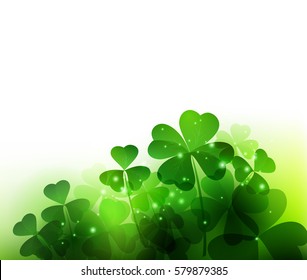 St. Patricks Day background with green transparent clover leaves. Vector illustration