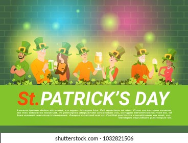 St. Patricks Day Background With Group Of People In Green Hats Drinking beer Celebrating Flat Vector Illustration